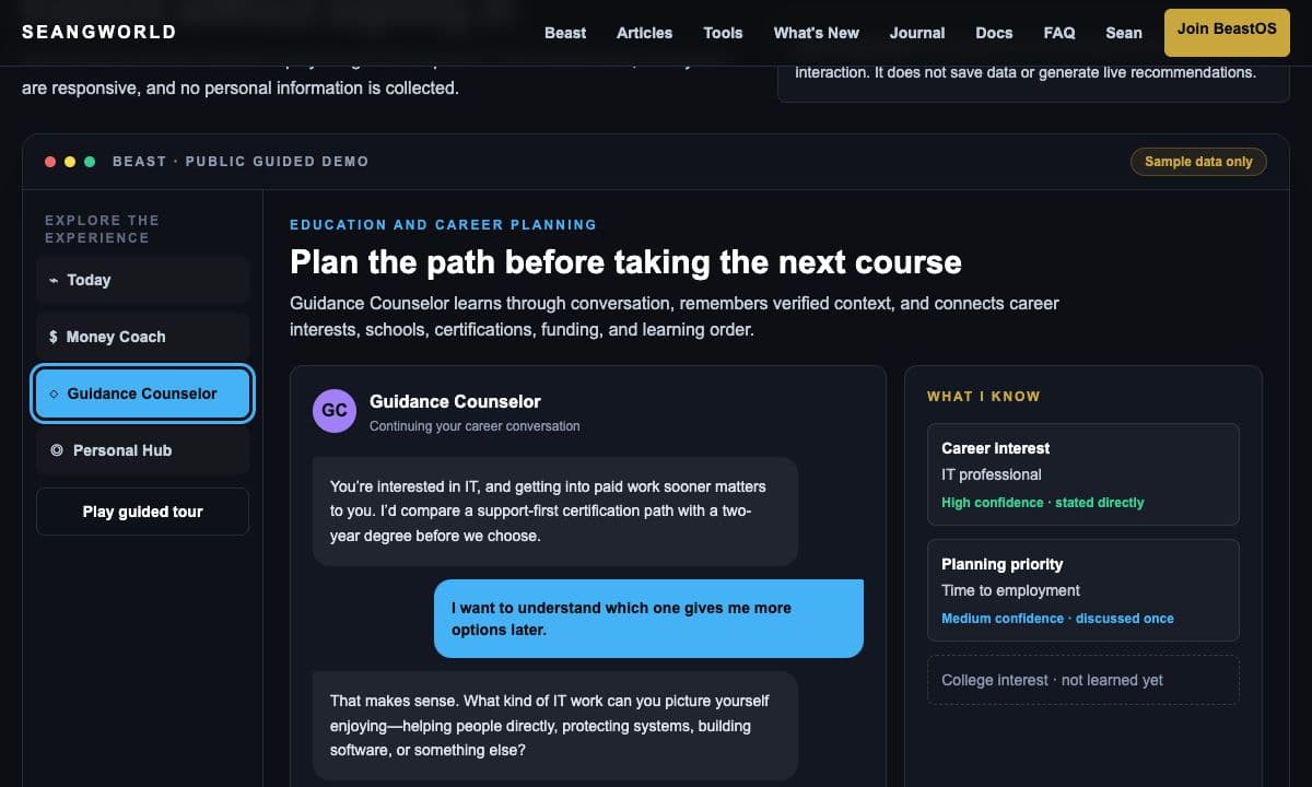 Guidance Counselor shown with fictional sample data